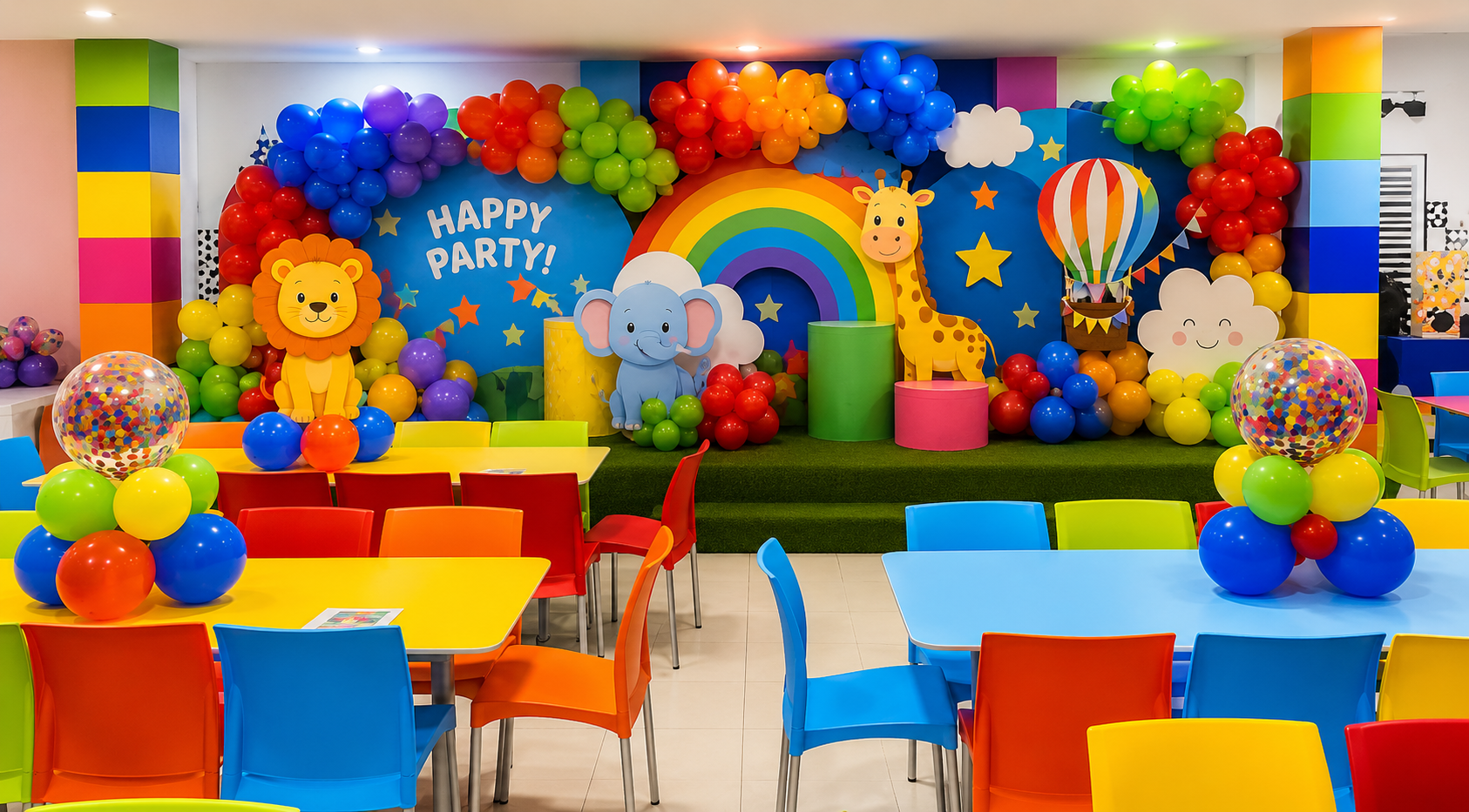 Interior de Lewo Place — decoración arco arcoíris y animales